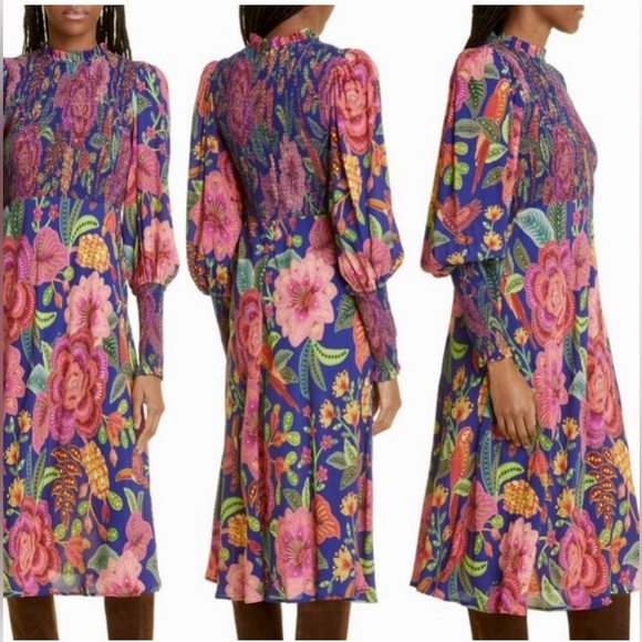 FARM Rio Macaw Bloom Floral Smocked Juliet Sleeve Dress size XL - Picture 4 of 16